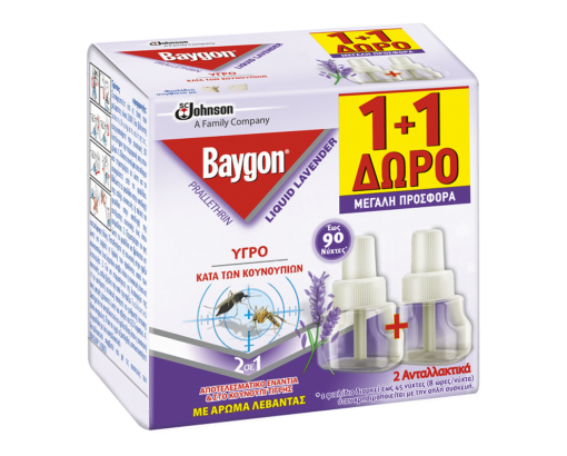 Ανταλλακτικό Εντομοαπωθητικό Υγρό Liquid με άρωμα Λεβάντας 90 Νύχτες Baygon (27 ml) 1+1 Δώρο