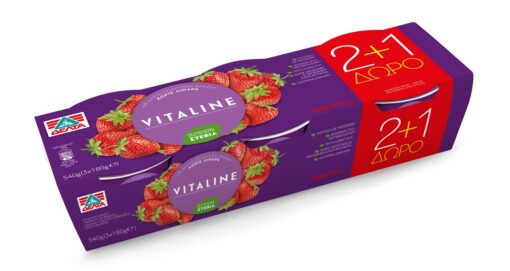 Επιδόρπιο Γιαουρτιού Vitaline Φράουλα 0% λιπαρά 2+1 δώρο Δέλτα (3x180 g)