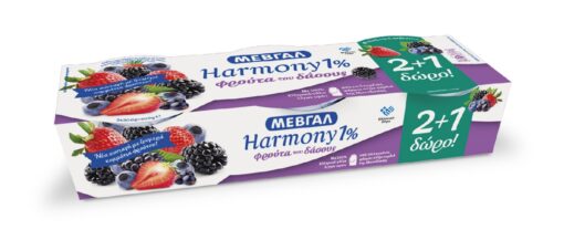 Επιδόρπιο Γιαουρτιού Harmony 1% λιπαρά Φρούτα του δάσους 2+1 δώρο Μεβγάλ (3x200 g)