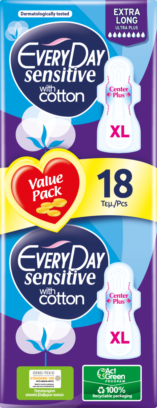 Σερβιέτες Sensitive Cotton Extra Long Ultra Plus Value Pack Everyday (18 τεμ)